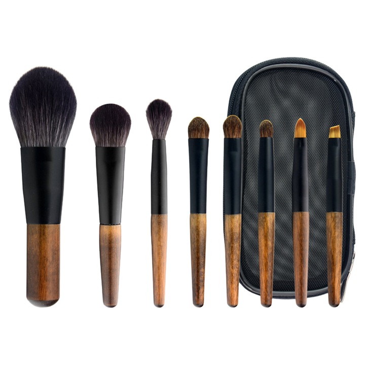 Set pensule machiaj, Zeaicos, 8 piese, multicolor, din lemn si aluminiu