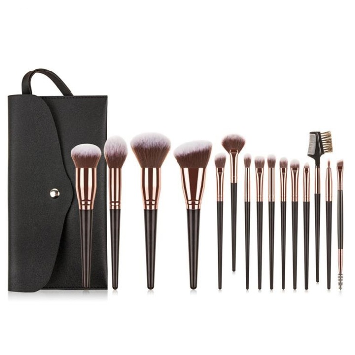 Set pensule machiaj Zeaicos 15 bucati, multicolor, cu geanta