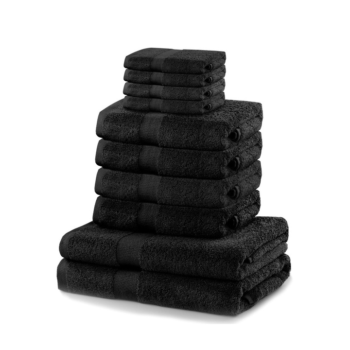 Set 10 prosoape de baie cu bordura simpla, bumbac 100%, 525 g/mp, Marina, 2x70x140 cm, 4x50x100 cm, 4x30x50 cm, Negru