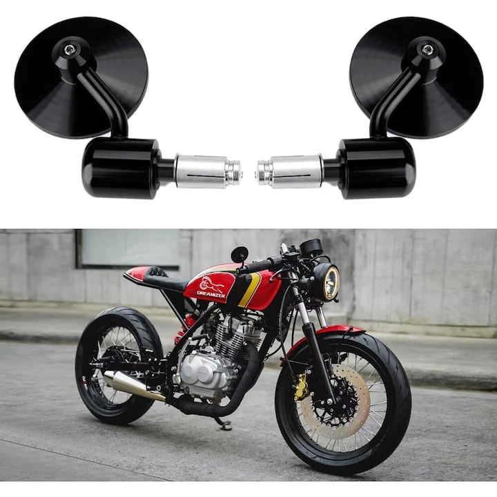 Oglinzi moto BGHYHYHI, rotunde, 8cm, set 1 pereche, negru/chrome, pentru ghidon 22mm