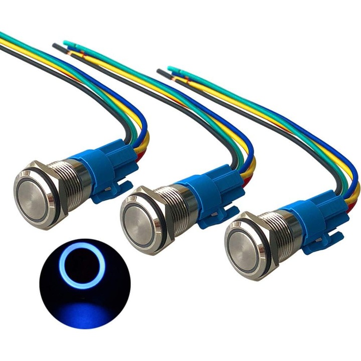 3 db fém gombos készlet kék LED-del, 16mm, vízálló IP67, 12V/24V