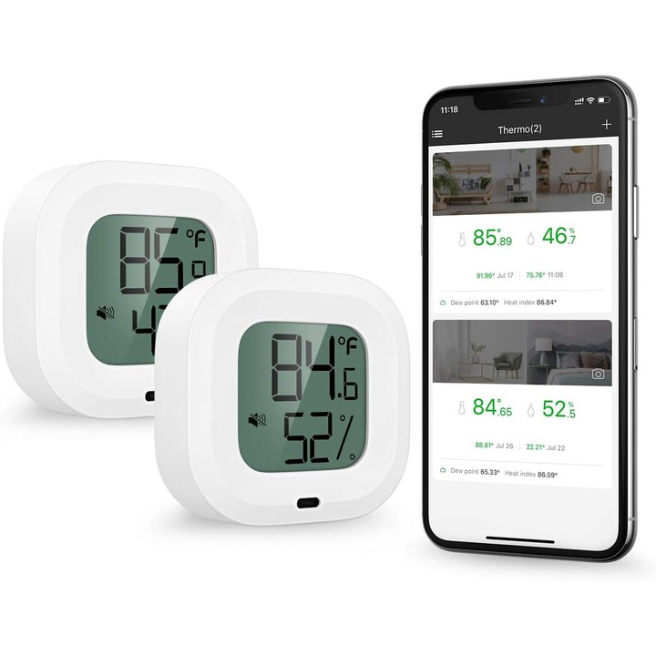 Комплект от 2 термометъра с влагомер, BGHYHYHI, Bluetooth 5.0, безжичен монитор за температура и влажност, екран, функция за предупреждение, Бял