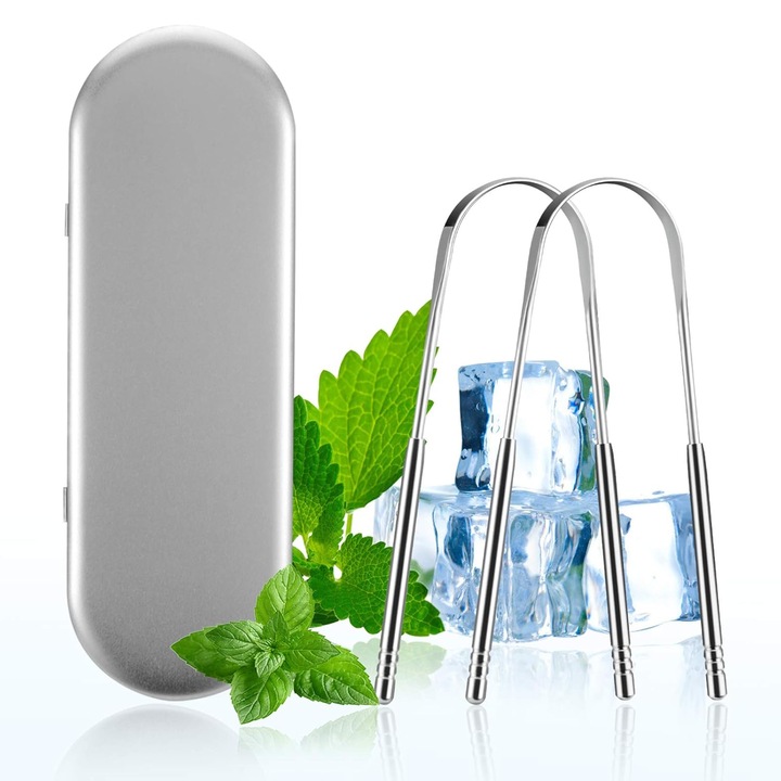 Rozsdamentes acél nyelvtisztító, AMRINUGL, 2 darabos készlet, csökkenti a rossz leheletet, utazótáskával