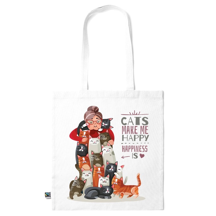 Go For It Shopper fazonú pamut táska mintával, Cats - Happines, 38×42cm, Fehér, WH-KI199