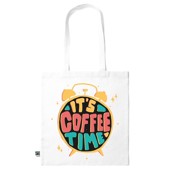Go For It Shopper fazonú pamut táska mintával, Coffee Time, 38×42cm, Fehér, WH-KI217