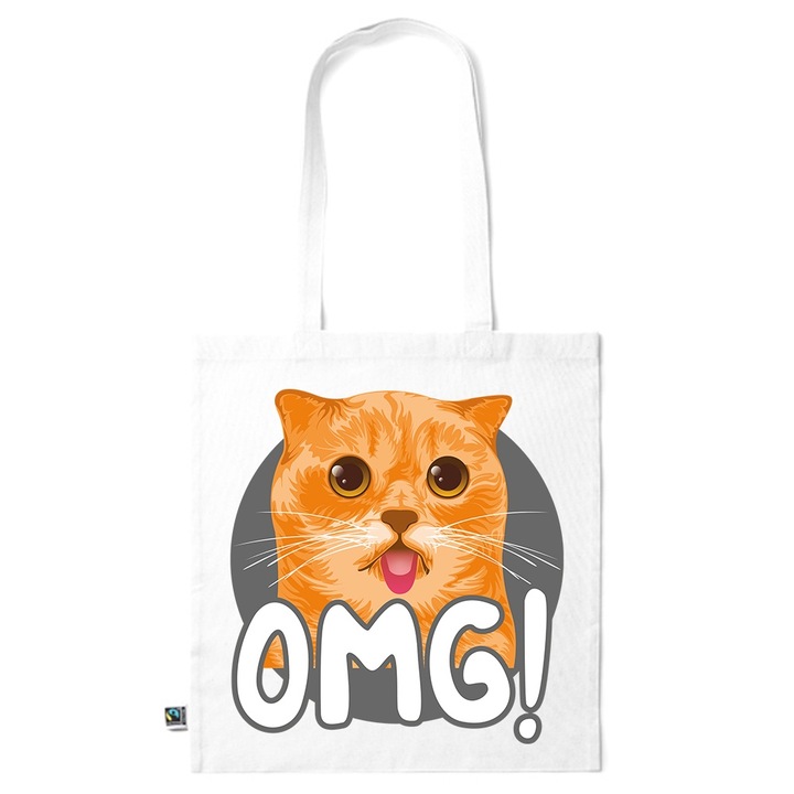 Go For It Shopper fazonú pamut táska mintával, Cat - OMG, 38×42cm, Fehér, WH-KI232