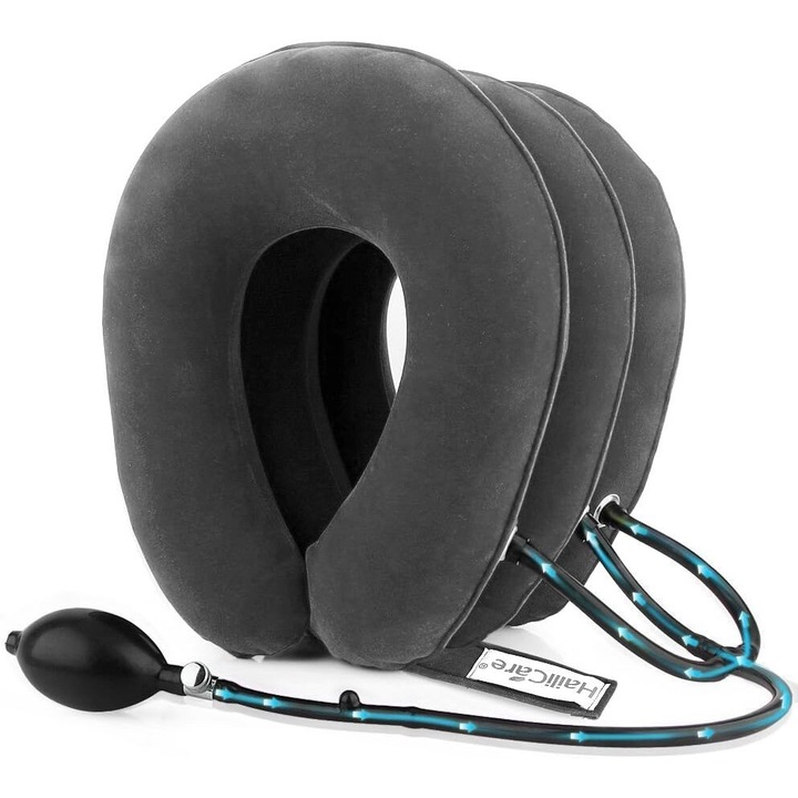 Suport cervical pentru gat, targa pentru gat pentru ameliorarea durerii, dispozitiv de tractiune cervicala cu design gonflabil in 3 straturi, portabil si reglabil, chiropractician recomandat pentru uz casnic Enforose