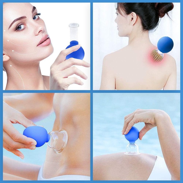 Set 4 ventuze masaj cu vacuum pentru conturare, AMRINUGL, sticla si silicon, utilizare acasa, pentru fata si corp