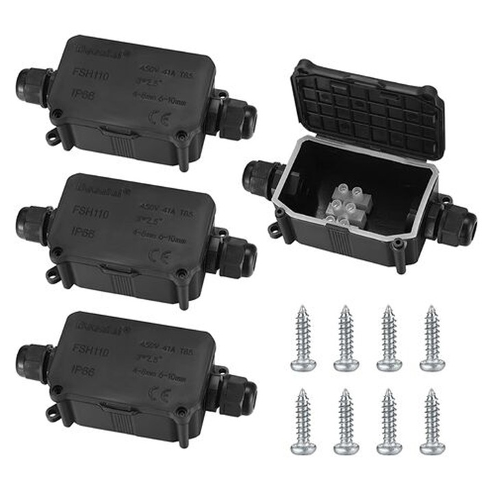 Set 4 cutii conexiuni etanse IP66, 2 cai, plastic, rezistente la apa, 3-10mm, exterior