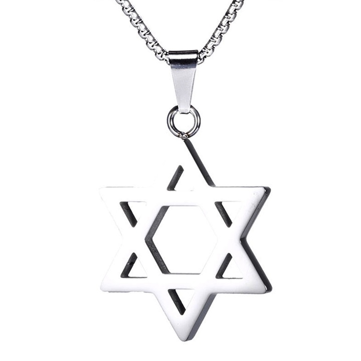 Colier barbati, AMRINUGL, pandantiv Hexagram Steaua lui David, otel inoxidabil, 24 inch, argintiu
