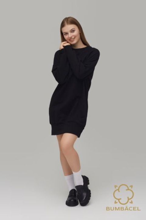 Rochie tunica cu maneca lunga din bumbac, Negru