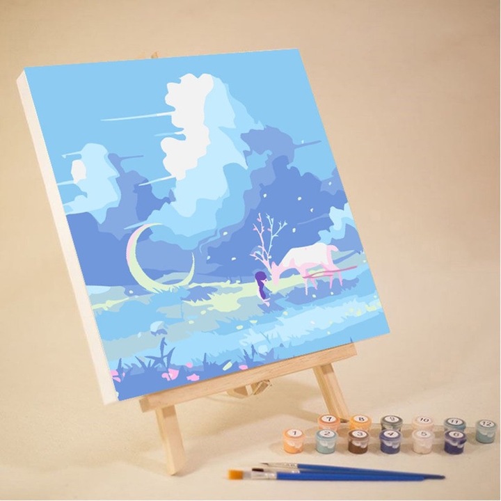 Set pictura pe numar pentru adulti, peisaj marin nocturn, acrilic, 20x20cm