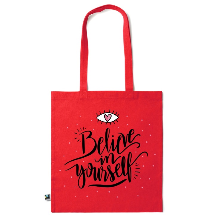 Go For It Shopper fazonú pamut táska mintával, Believe in yourself, 38×42cm, Piros grenadine, R-KI119