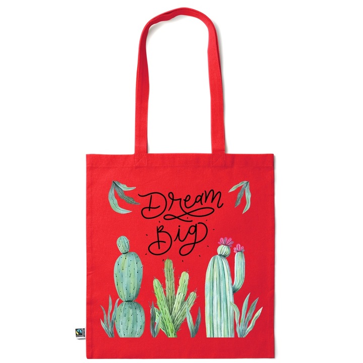 Intelli® Sacosa bumbac Eco-friendly pentru cumparaturi cu manere lungi, Dream Big, 38×42cm, Rosu inchis, R-KI164
