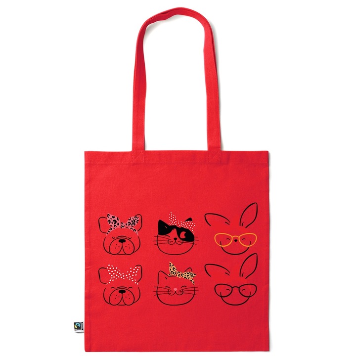 Go For It Shopper fazonú pamut táska mintával, Bulldog - Cat - Bunny, 38×42cm, Piros grenadine, R-KI198