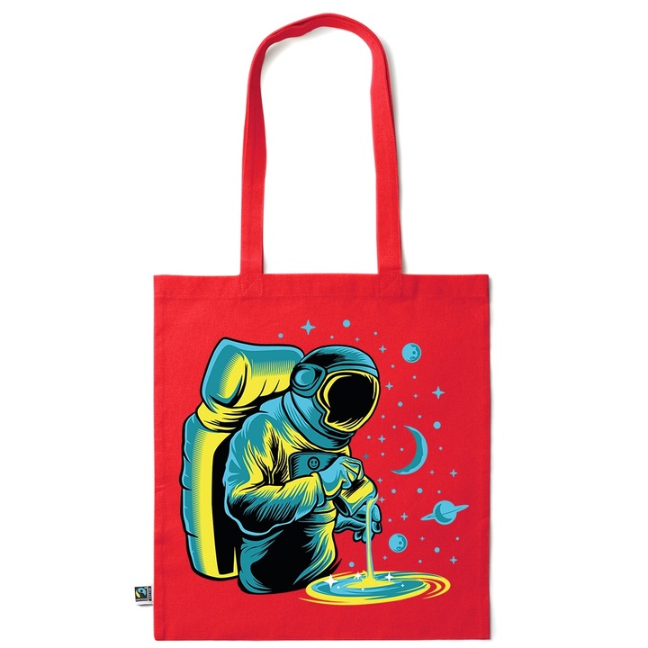 Go For It Shopper fazonú pamut táska mintával, Astronaut - Cooking, 38×42cm, Piros grenadine, R-KI209