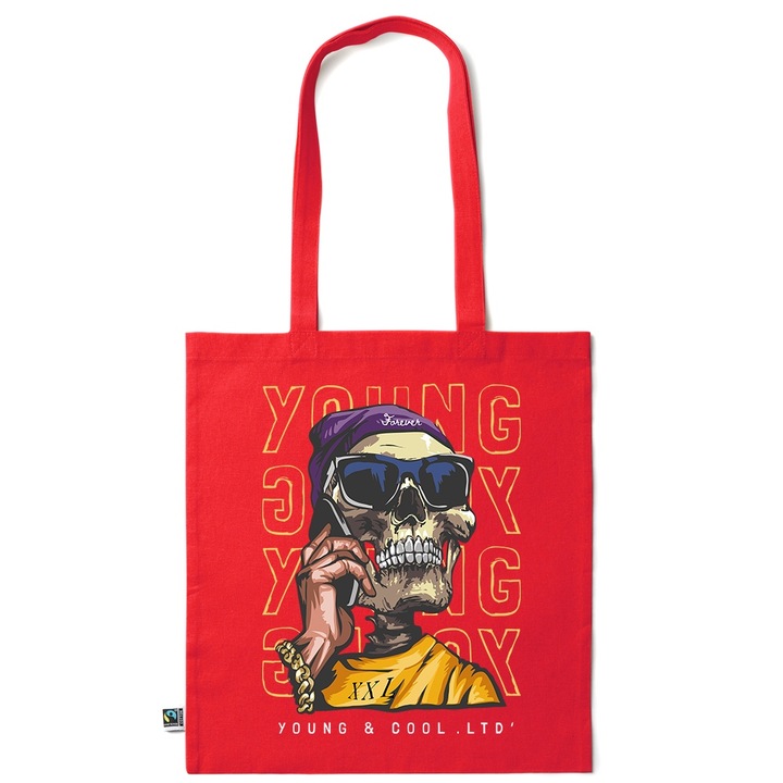 Go For It Shopper fazonú pamut táska mintával, Young and Cool, 38×42cm, Piros grenadine, R-KI225