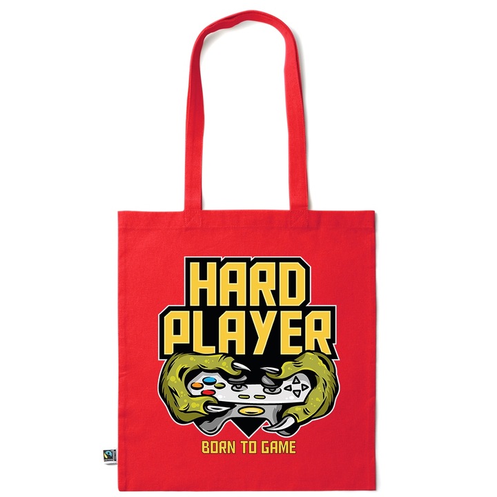 Go For It Shopper fazonú pamut táska mintával, Born to Game, 38×42cm, Piros grenadine, R-KI223