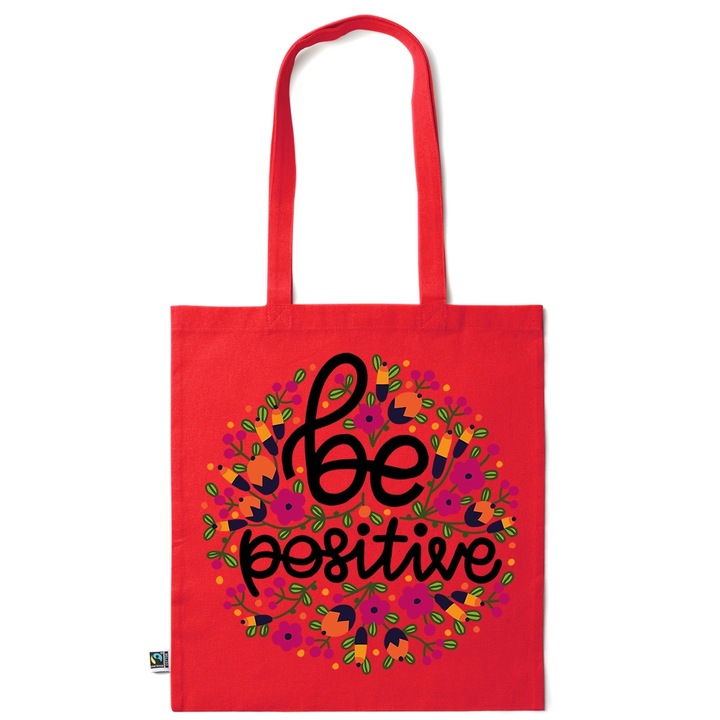 Go For It Shopper fazonú pamut táska mintával, Be Positive, 38×42cm, Piros grenadine, R-KI245
