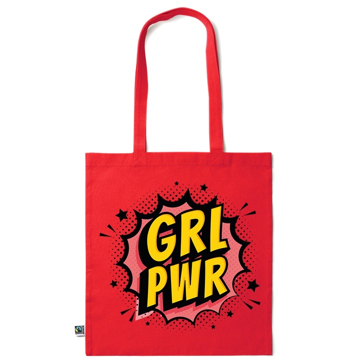 Go For It Shopper fazonú pamut táska mintával, Girl Power, 38×42cm, Piros grenadine, R-KI237