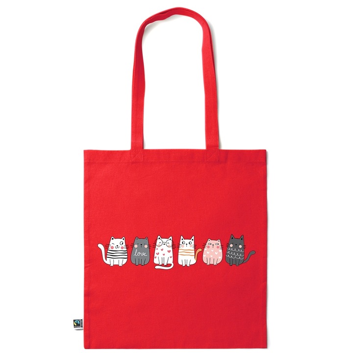 Go For It Shopper fazonú pamut táska mintával, Cute Cats, 38×42cm, Piros grenadine, R-KI197