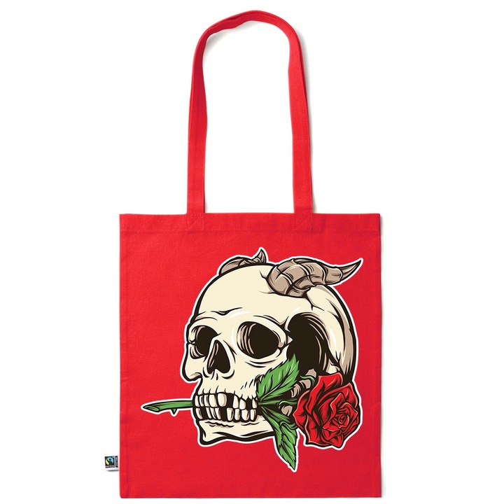 Go For It Shopper fazonú pamut táska mintával, Skull - Rose, 38×42cm, Piros grenadine, R-KI248