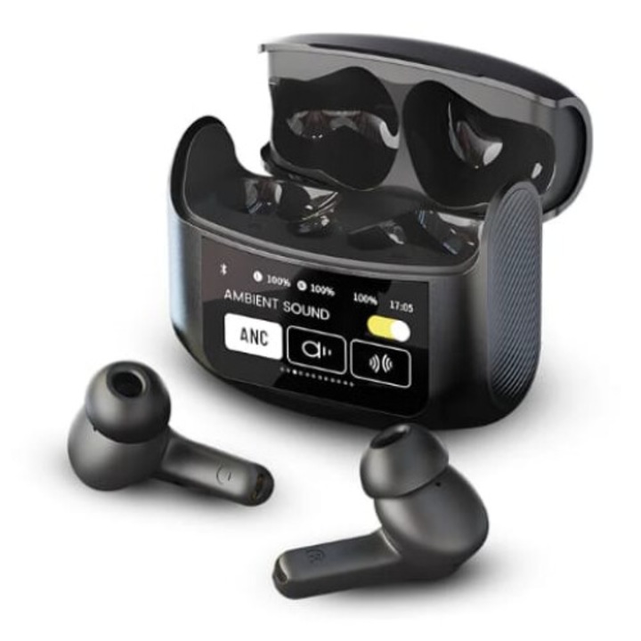 VR06 vezeték nélküli fejhallgató - Teljes HD 1, 9 hüvelykes LCD képernyőház 10 funkcióval, BT 5.3, 360°-os HD sztereó hang, ANC és ENC funkciók a külső zaj kiküszöbölésére, 14 mm-es hangszóró, 6 magos technológia, 24 órás akkumulátor-üzemidő, ABS, fekete