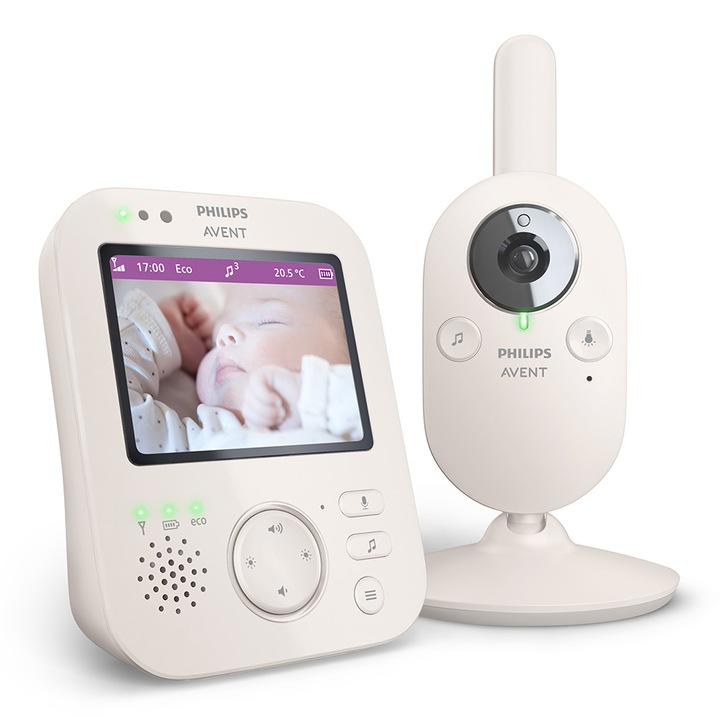 Дигитален видео бебефон SCD891/26 Advanced, Philips AVENT, 3.5-инчов цветен екран, 2 x Zoom, Нощно виждане, Двустранна звукова комуникация, Приспивни песни, Термометър