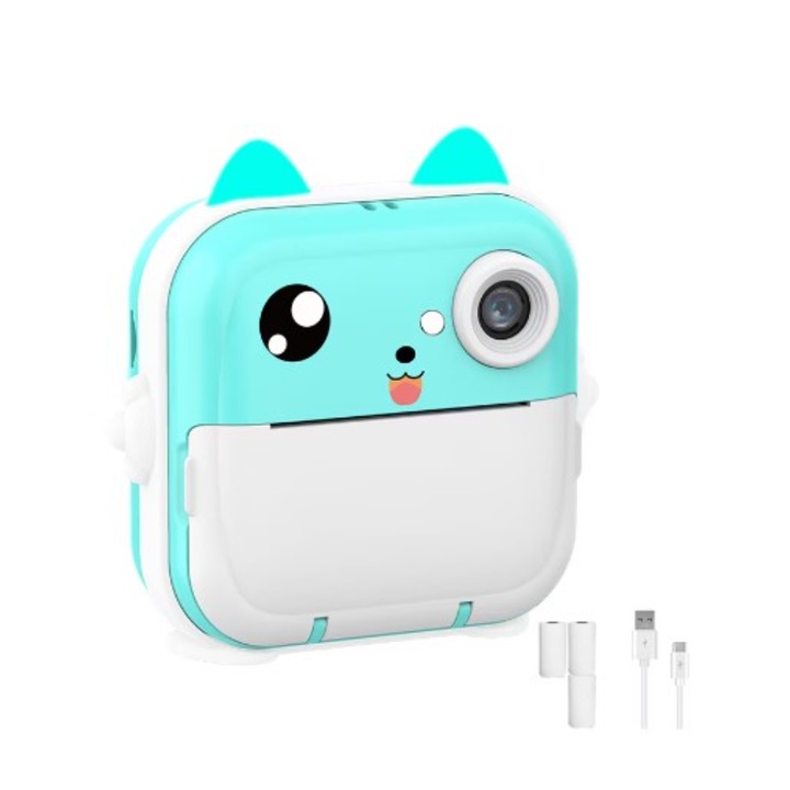 Camera instant pentru copii, BeSmart, Mini imprimanta termica, Albastru