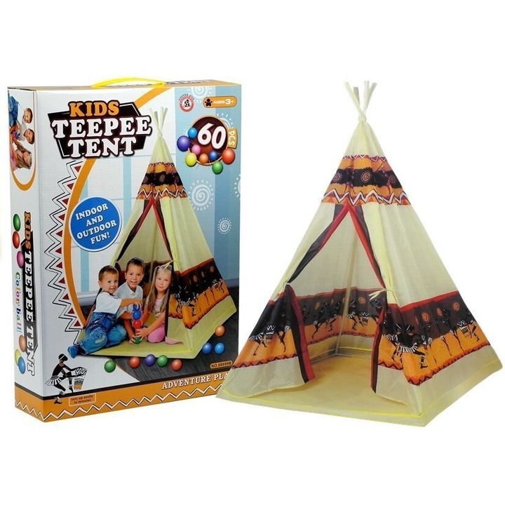 Cort indian pentru copii, set cu 60 de bile, multicolor, 155x100x100cm
