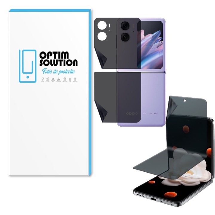 Фолио Hydrogel Privacy Regenerable Screens and Backs for Oppo Find N2 Flip, OPTIM SOLUTION, Anti-Spy, High Sensitivity, UHD Clarity, Shock Absorption, Flexible Hydro-Crystal, Increased Intimacy, Elite Class Protection, Oleophobic Function, Black