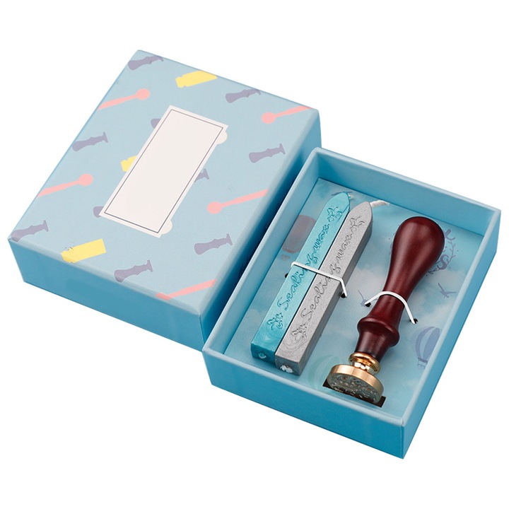 Set de sigilare cu ceara, stampila metalica si batoane de ceara, pentru invitatii si plicuri, multicolor, 1 set