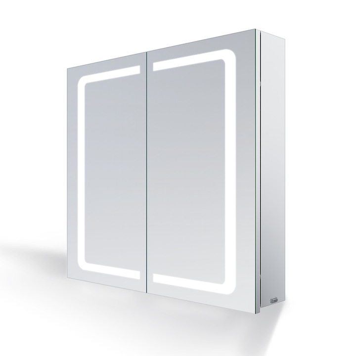 Dulap cu oglinda de baie LED din inox, 70x65x13 cm, Cu intrerupator si priza de ras