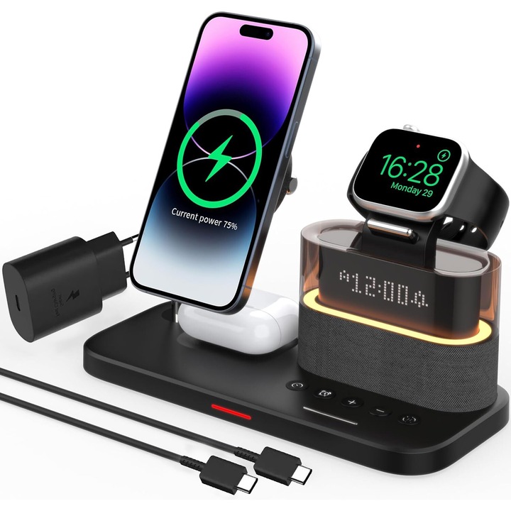 Mágneses vezeték nélküli töltő 5 az 1-ben, teljesítmény 15 W QI gyorstöltés, UEU, iPhone 15/14/13/12, iWatch 9/8, Airpods Pro/3/2 fekete