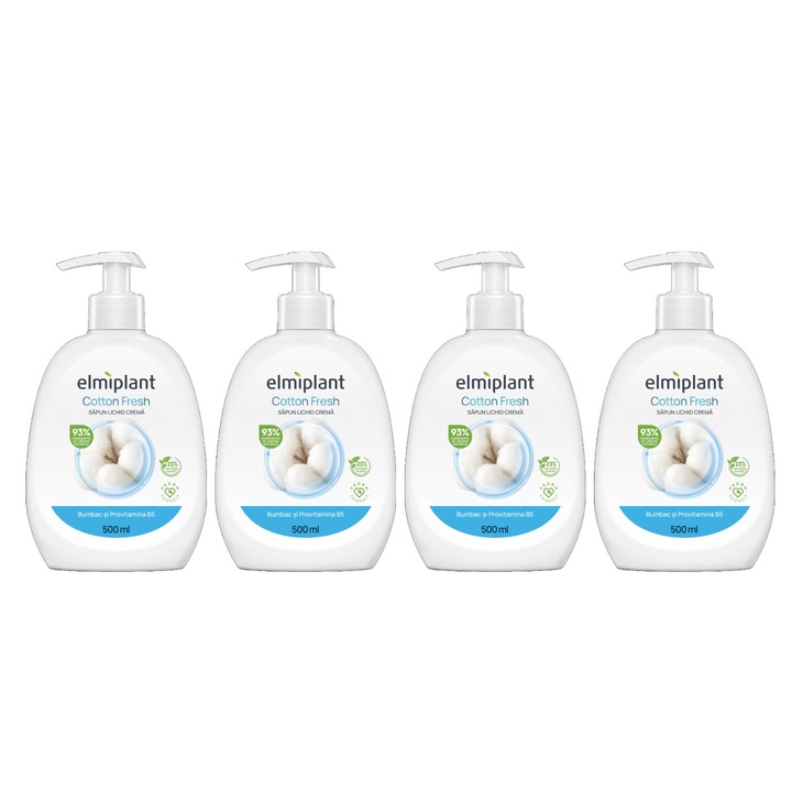 Комплект от 4 течни сапуна Elmiplant Pump 150 ml Cotton Fresh, хидратиращ, свеж през целия ден, интензивен свеж аромат, ободряващ, дълготрайна свежест, без парабени, ревитализиращ ефект