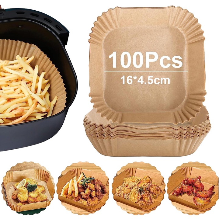 Set 100 bucati hartie de copt pentru friteuza, maro, 16x20x4.5cm