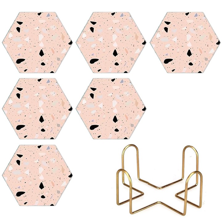 Rosier hexagonális terrazzo kerámia nedvszívó poháralátét, aranyos kerámia asztali alátét szett, Dekoratív bárpult alátét, Modern kávé alátét
