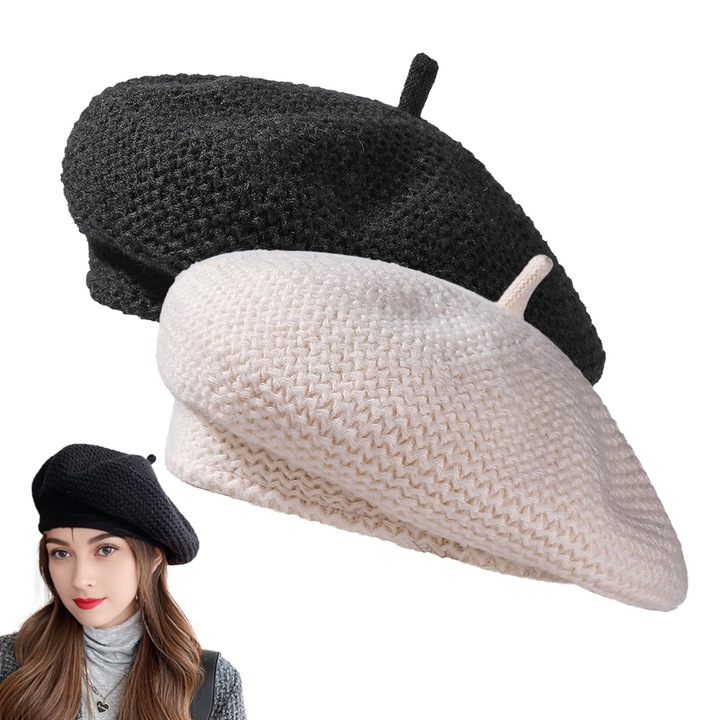 QttvbTna 2db-os női beret készlet, gyapjú, fehér/fekete, 56-58 cm