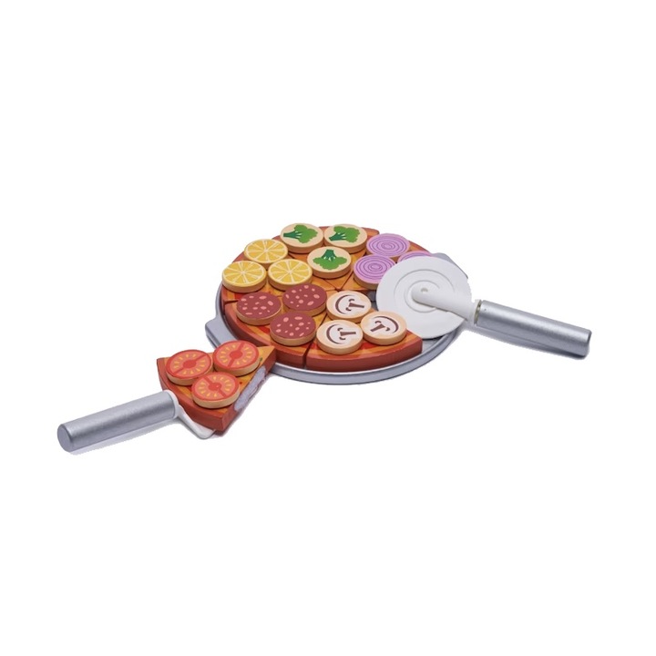Set Pizza, Cu accesorii, 27 piese, Yupy®, Lemn, Non-toxic, Multicolor, 3ani+
