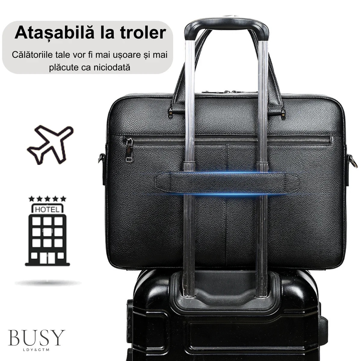 Geanta laptop 17 inch din piele naturala, BUSY LDY & GTM® Buckingham, suport prindere troler, compartiment tableta, neagra