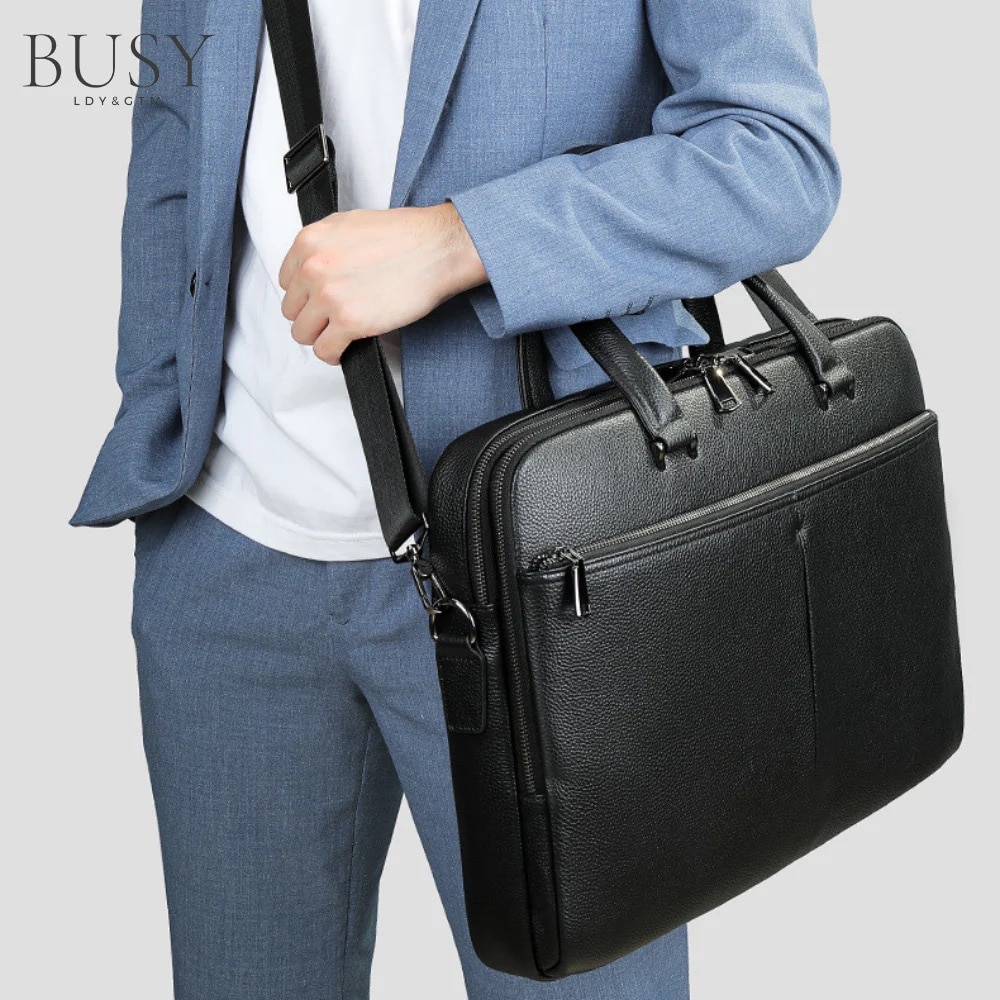 Geanta laptop 17 inch din piele naturala, BUSY LDY & GTM® Buckingham, suport prindere troler, compartiment tableta, neagra
