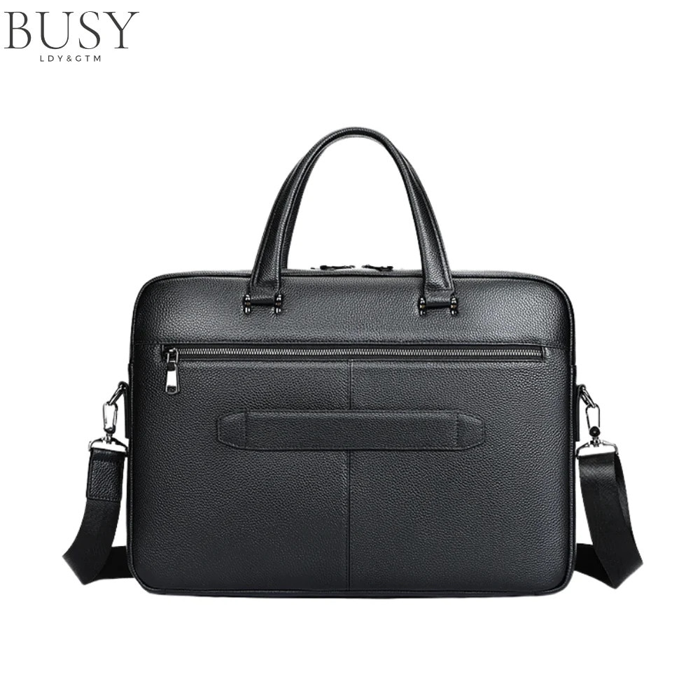 Geanta laptop 17 inch din piele naturala, BUSY LDY & GTM® Buckingham, suport prindere troler, compartiment tableta, neagra
