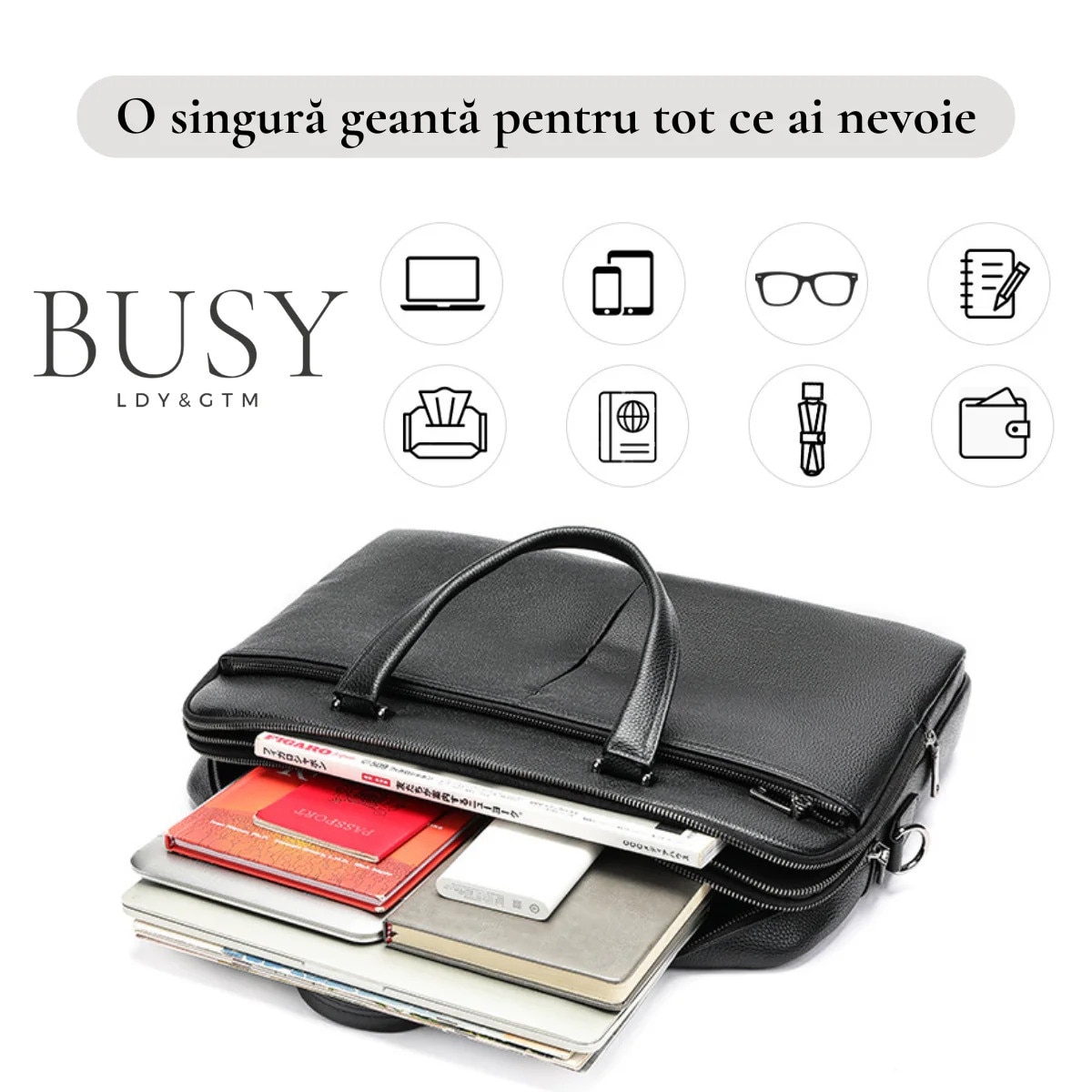 Geanta laptop 17 inch din piele naturala, BUSY LDY & GTM® Buckingham, suport prindere troler, compartiment tableta, neagra
