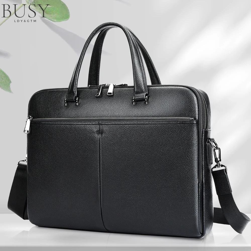 Geanta laptop 17 inch din piele naturala, BUSY LDY & GTM® Buckingham, suport prindere troler, compartiment tableta, neagra