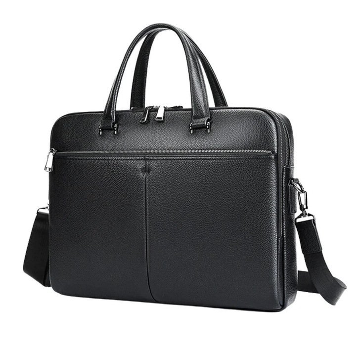 Geanta laptop 17 inch din piele naturala, BUSY LDY & GTM® Buckingham, suport prindere troler, compartiment tableta, neagra