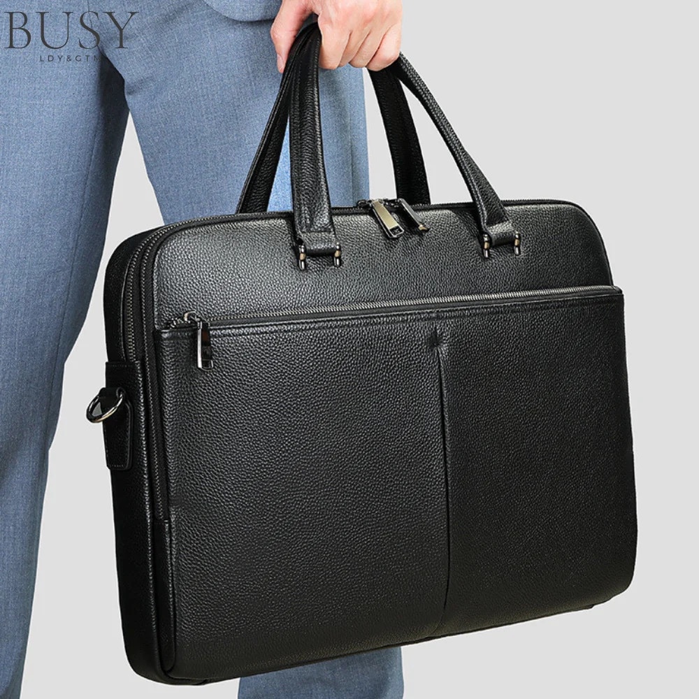 Geanta laptop 17 inch din piele naturala, BUSY LDY & GTM® Buckingham, suport prindere troler, compartiment tableta, neagra