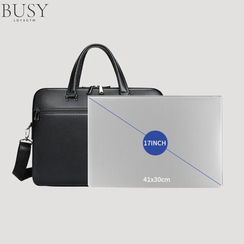 Geanta laptop 17 inch din piele naturala, BUSY LDY & GTM® Buckingham, suport prindere troler, compartiment tableta, neagra