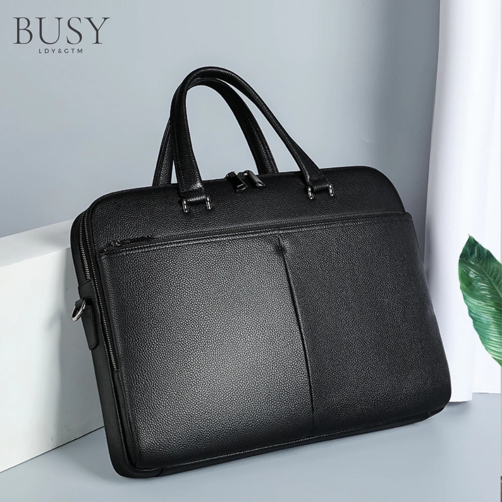 Geanta laptop 17 inch din piele naturala, BUSY LDY & GTM® Buckingham, suport prindere troler, compartiment tableta, neagra