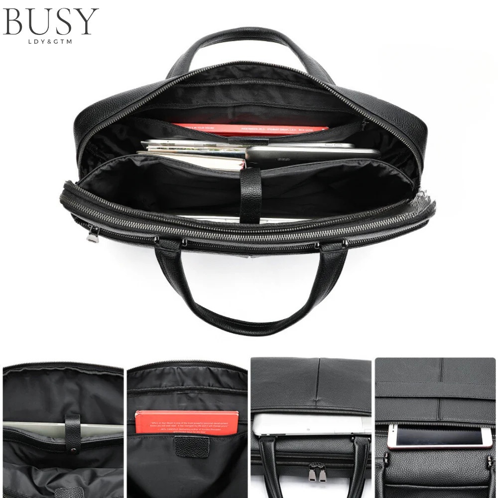 Geanta laptop 17 inch din piele naturala, BUSY LDY & GTM® Buckingham, suport prindere troler, compartiment tableta, neagra