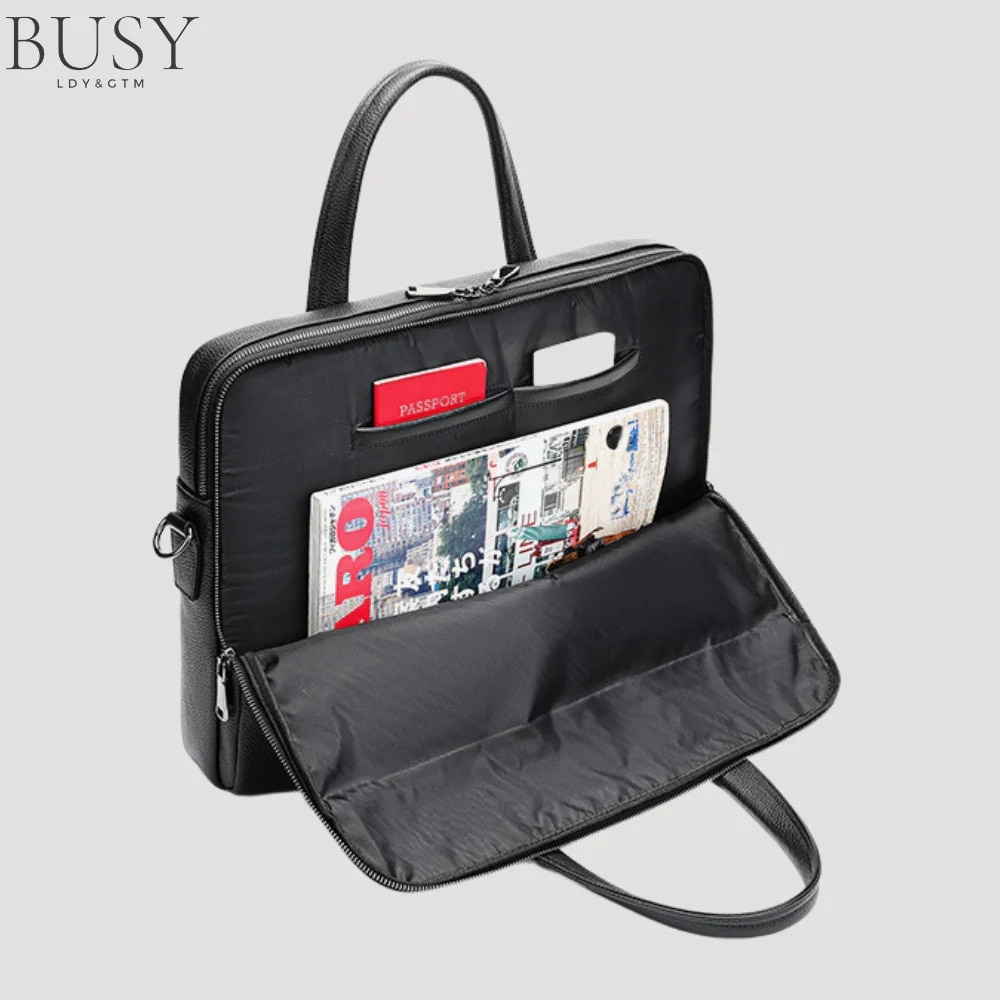 Geanta laptop 17 inch din piele naturala, BUSY LDY & GTM® Buckingham, suport prindere troler, compartiment tableta, neagra
